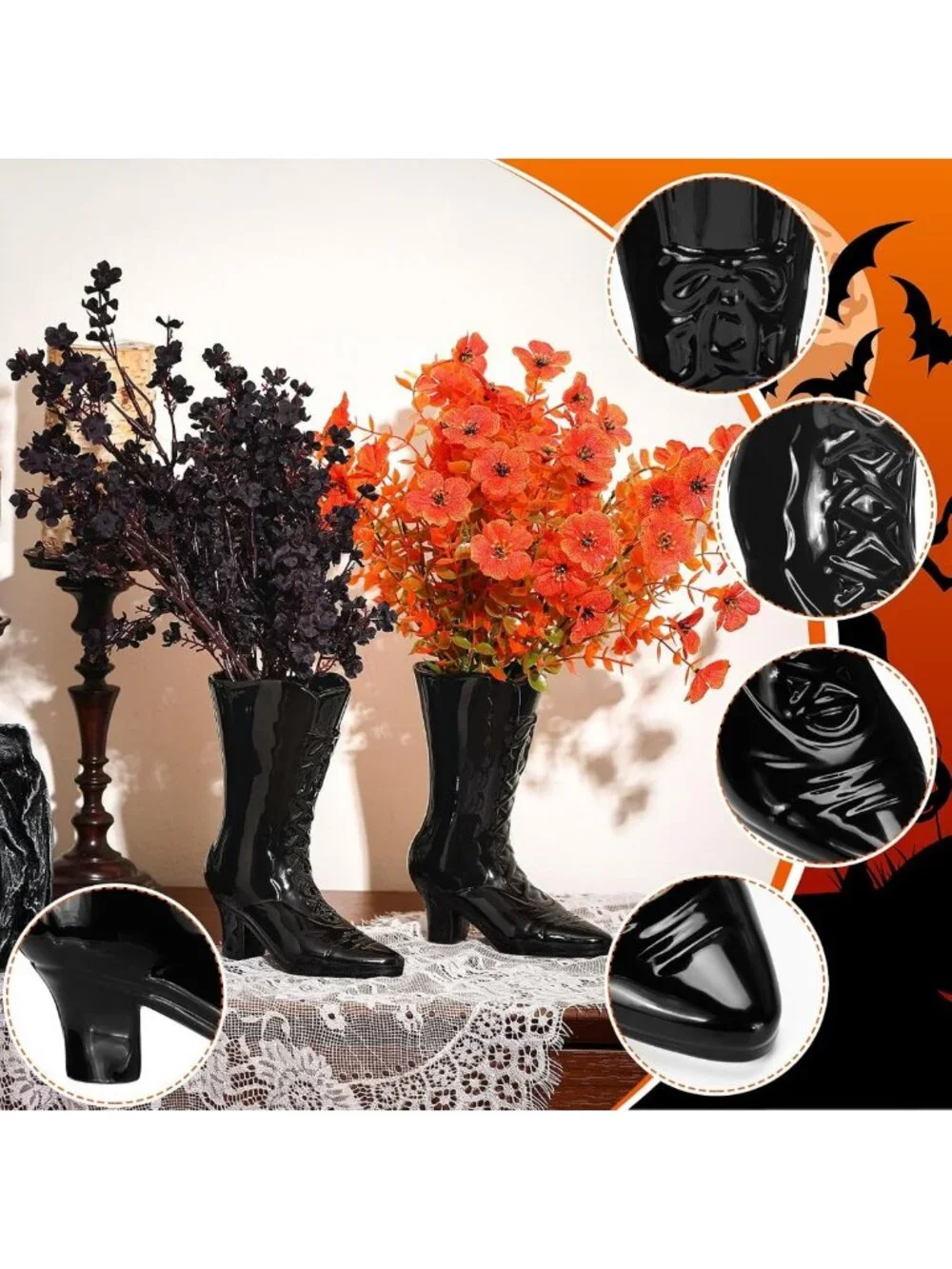 Spooky Gothic Witch Boot Vase - 7.1 Inch Black Ceramic Halloween Decor